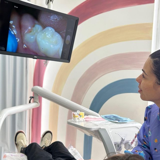 Tela mostrando um dente ampliado, com a dentista olhando