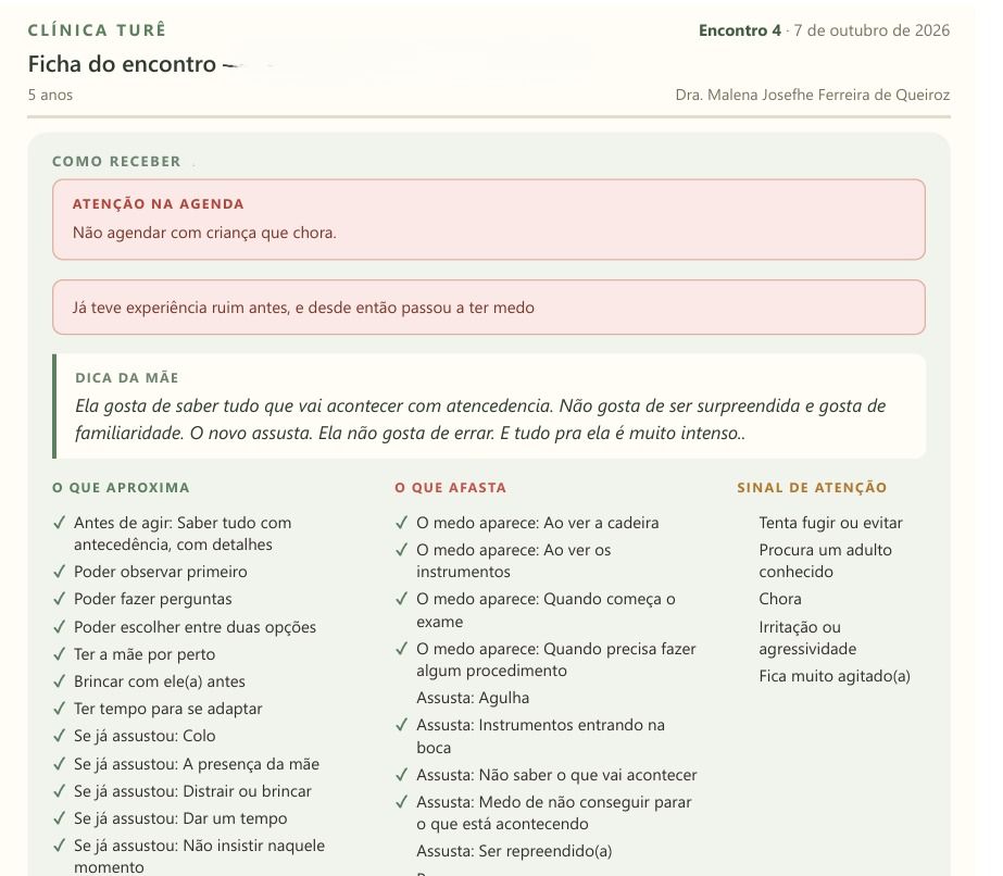 Ficha do encontro da Clínica Turê, com o que aproxima e o que afasta a criança